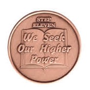 AA Step Eleven coin – sobriety medallion engraved with ‘We Seek Our Higher Power,’ symbolizing prayer, meditation, and spiritual growth in Alcoholics Anonymous.