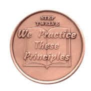 AA twelve step recovery coin with ‘We Practice These Principles’ – sobriety medallion honouring Alcoholics Anonymous values, milestones, and spiritual growth.
