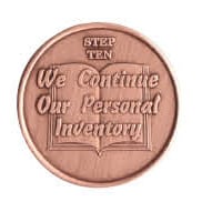 AA Step Ten coin – sobriety medallion with ‘We Continued Our Personal Inventory,’ symbolizing accountability, growth, and Alcoholics Anonymous recovery.