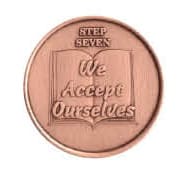 Round copper medallion featuring the words 'Step Seven – We Accept Ourselves' on the front, symbolizing self-acceptance in recovery, with the Serenity Prayer engraved on the back.